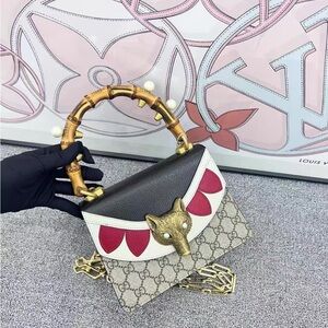 Gucci Beige and Red Satchel with Bamboo Handle